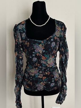 Anthropologie Black Floral Ruched Long-Sleeve Scoop Neck Blouse